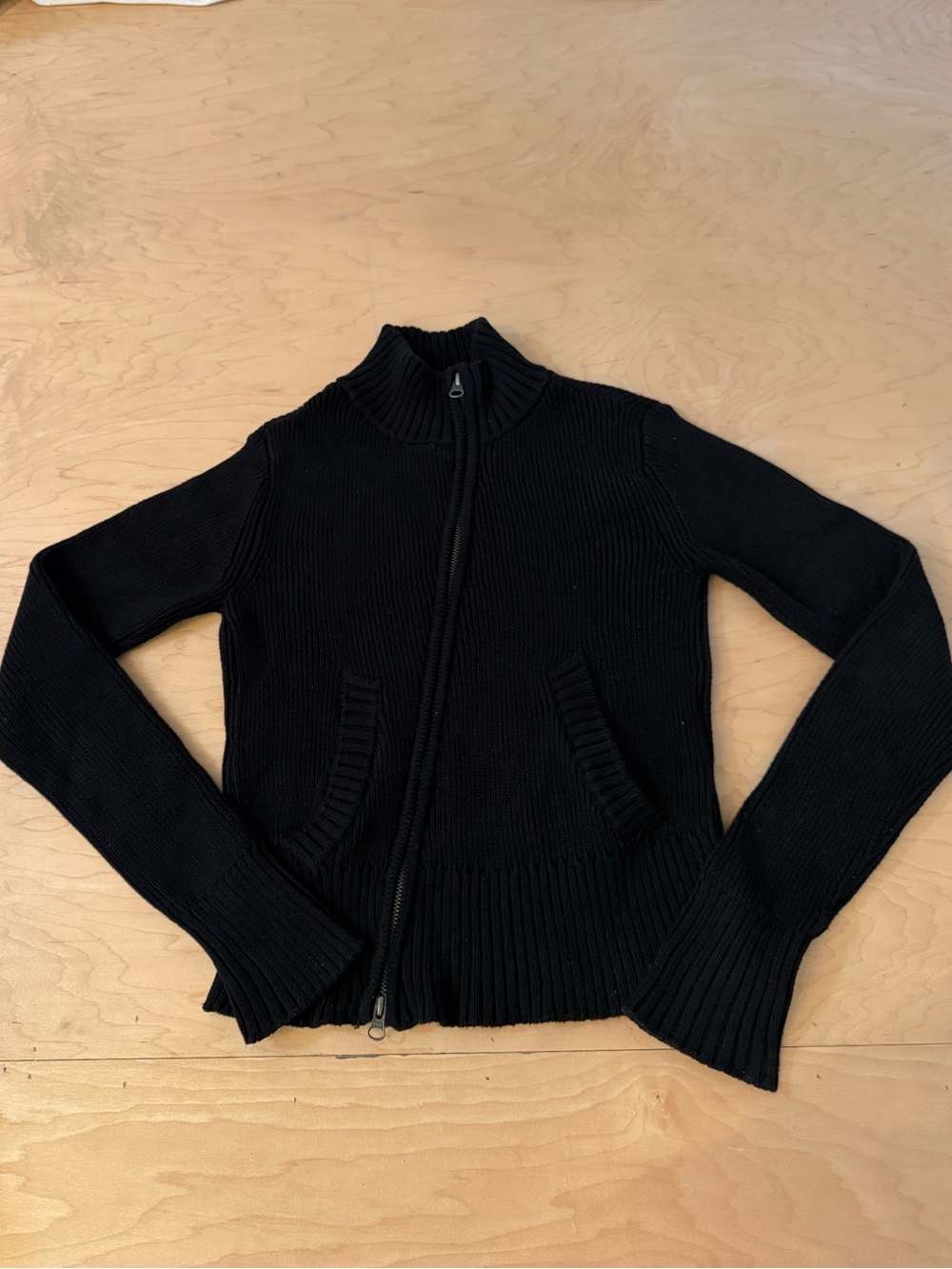 KOTN Black Rib-Knit Asymmetrical Zip Cardigan